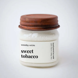 Woodsy Wicks - Sweet Tobacco Farmhouse Candle Mason Jar Wood Wick 12oz