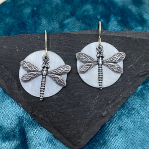 Elizabeth Jewelry - Large Silver Dragonfly and Mother of Pearl Earrings