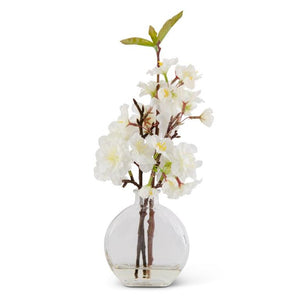 K&K Interiors - White Cherry Blossom in Flat Round Glass Vase