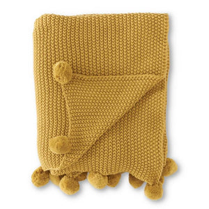 K&K Interiors - Yellow Moss Stitch Knit Throw Blanket with Pompom Trim