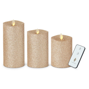 K&K Interiors - Champagne Glittered Wax Indoor Pillar Luminara Candles