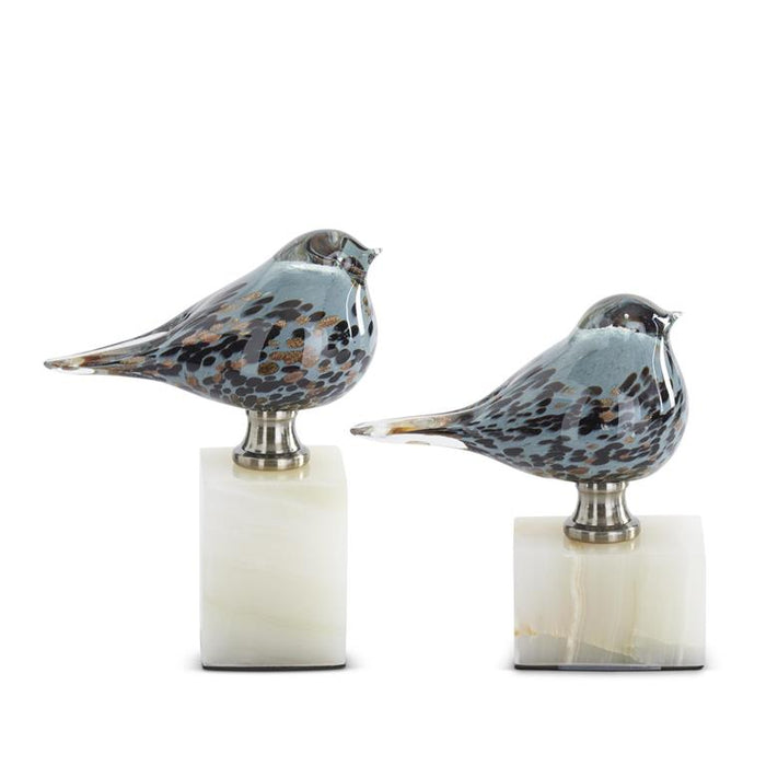 K&K Interiors - Blue Glass Birds on White Marble Square Base (assorted Sizes)