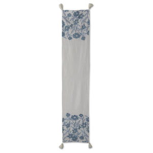 K&K Interiors - 72 Inch White Linen & Blue Embroidered Floral Table Runner