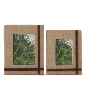 K&K Interiors - Handcrafted Natural Linen & Brown Leather Picture Frames (Assorted Sizes Sold Separately)