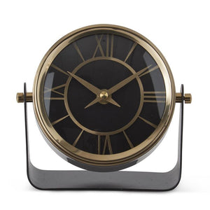 K&K Interiors - 5.75" Antique Brass Round Clock on Matte Black Stand bok