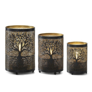 K&K Interiors - Black & Gold Interior Tree Cutout Metal LED Lanterns w/Timer (Assorted Sizes)
