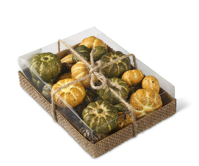 K&K Interiors - Green and Yellow Pumpkins w/Mini Pinecones - (assorted - box of 24)