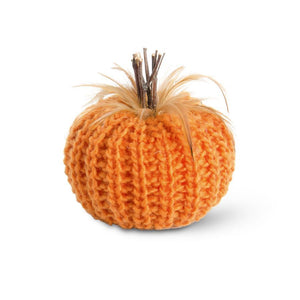 K&K Interiors - Orange Crochet Pumpkin W/Wood Stem & Feathers