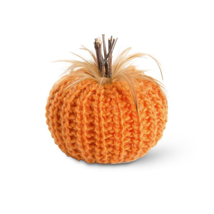 K&K Interiors - Orange Crochet Pumpkin W/Wood Stem & Feathers