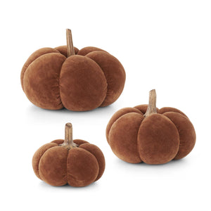 K&K Interiors - Brown Velvet Pumpkins with Wood Stem (Assorted Sizes)