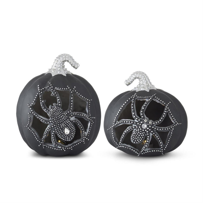 K&K Interiors - Black & Silver LED Pumpkins with Spider Cutout