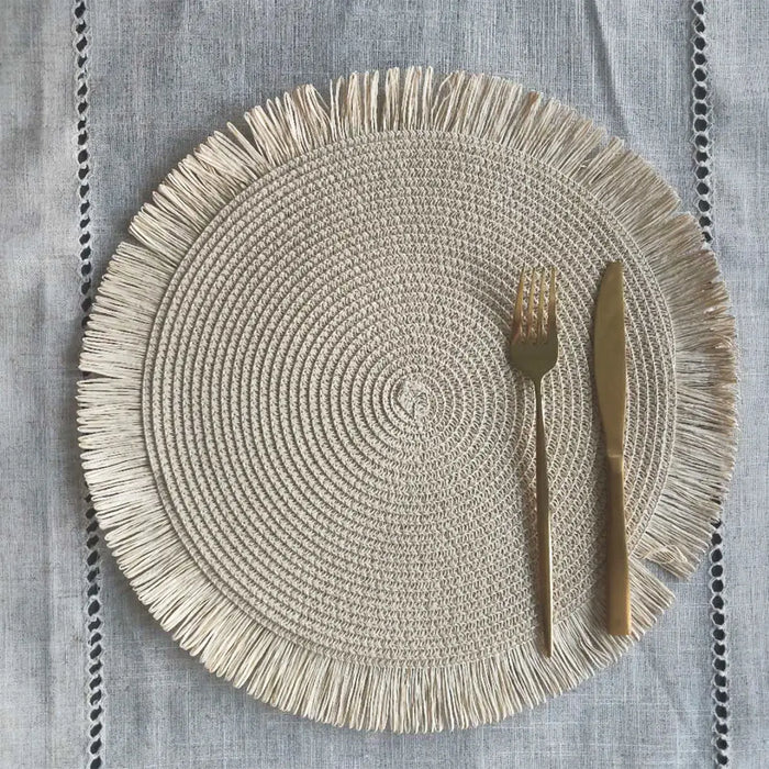 Fennco Styles - Handwoven Fringe Boho 15" Round Placement - Ivory