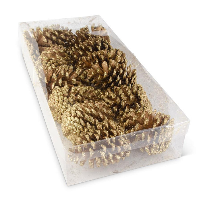 K&K Interiors - Box of 12 Gold Glitter Pinecones