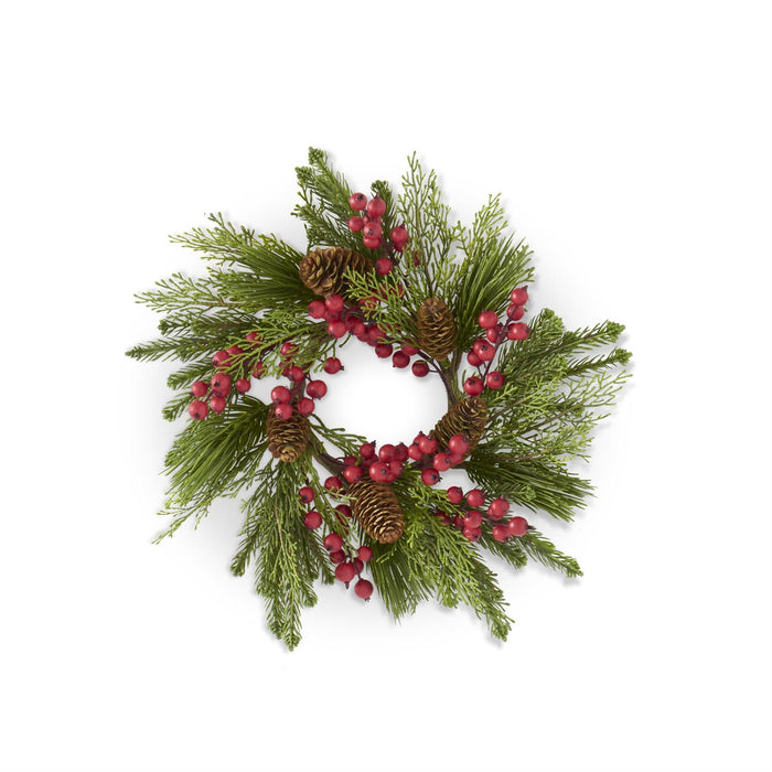 K&K Interiors - 12 Inch Pine Cedar Mix & Red Berries Candle Ring w/Pinecones