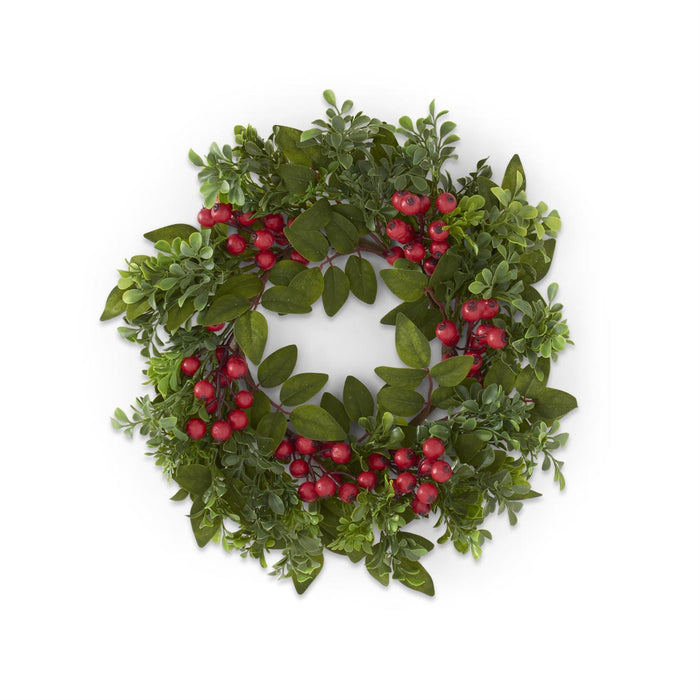 K&K Interiors - 12 Inch Mixed Boxwood and Red Berry Candle Ring