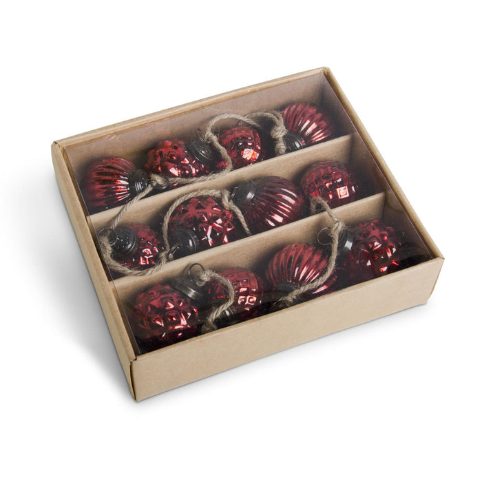 K&K Interiors - Box of 12 Mini Red Mercury Glass Round Ornaments
