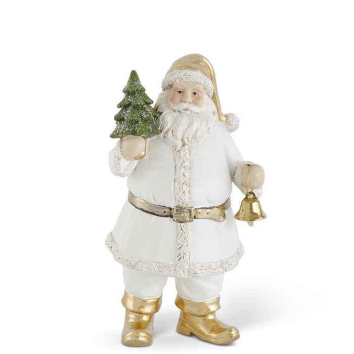 K&K Interiors - 7.5" White & Gold Resin Santa with Tree & Bell