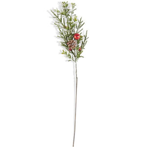 K&K Interiors - 25 Inch Red Bell & Pinecone Snowy Leaf Stem