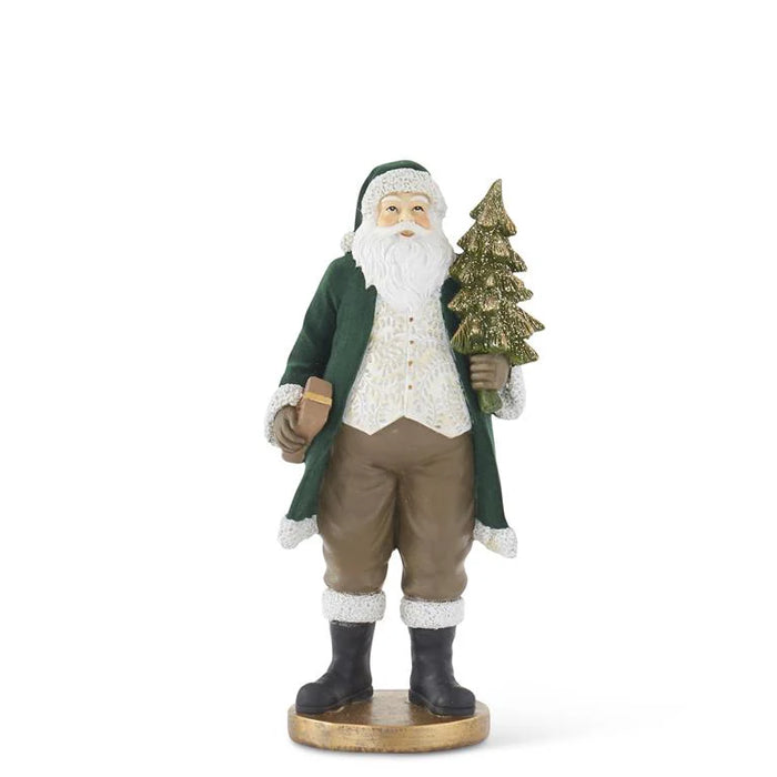 K&K Interiors - 13" Dark Green Velvet Resin Santa w/ Gold Tree