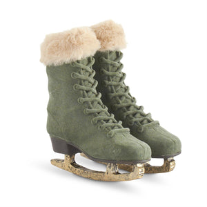 K&K Interiors - 7" Sage Green Velvet Ice Skates w/  beige Vegan Fur Trim