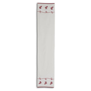 K&K Interiors - 72" Embroidered Santa Boots White Cotton Table Runner w/Red Trim