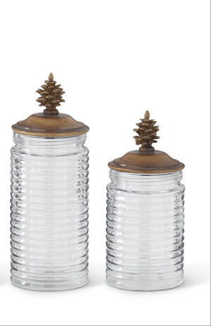 K&K Interiors - Ribbed Clear Glass Containers w/Brown Resin Pinecone Finial