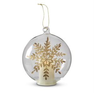 K&K Interiors - 4.75" LED Clear Glass Gold Gilded Etched Snowflake Ornament
