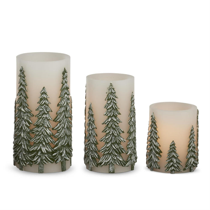 K&K Interiors - Green Embossed Trees Pillar LED Candles