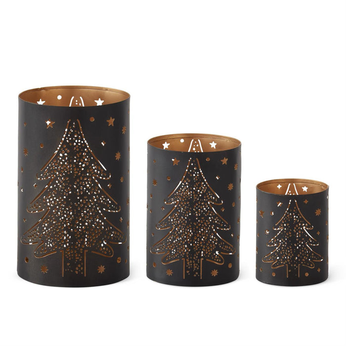 K&K Interiors - Set of 3 Black Metal Votive Holders w/Christmas Tree Cutouts