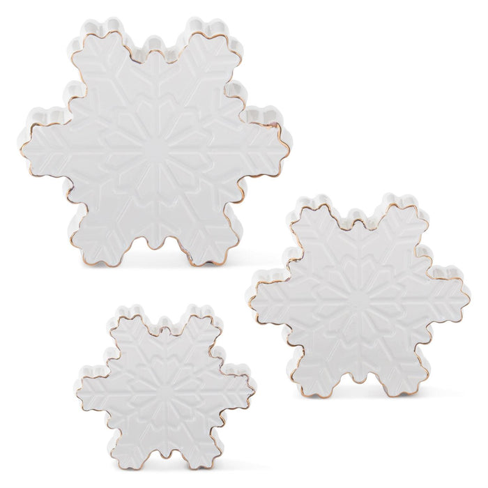 K&K Interiors - Set of 3 White Dolomite Tabletop Snowflakes w/Gold Trim