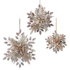 K&K Interiors - Set of 3 Glittered Snowflake Ornaments w/Leaves Berries & Pinecones