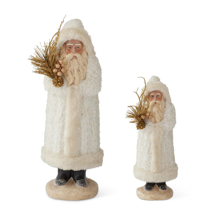 K&K Interiors - Santa w/White Fleece Coat Holding Gold Branch (Assorted Sizes)