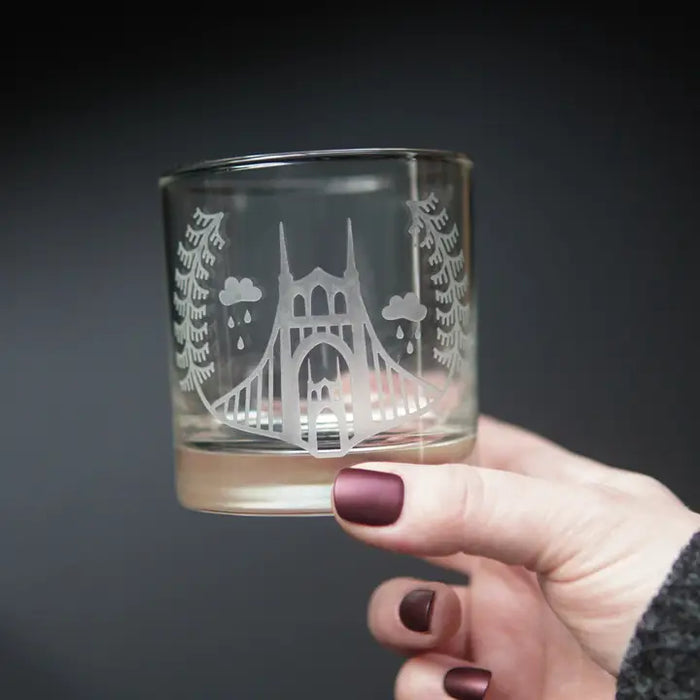Bread and Badger - St. Johns Bridge Lowball Etched Cocktail Glass