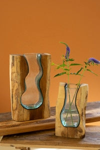 Kalalou - Blown Glass Vase Inside of Teak Wood (Assorted)