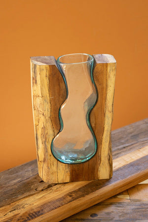 Kalalou - Blown Glass Vase Inside of Teak Wood (Assorted)