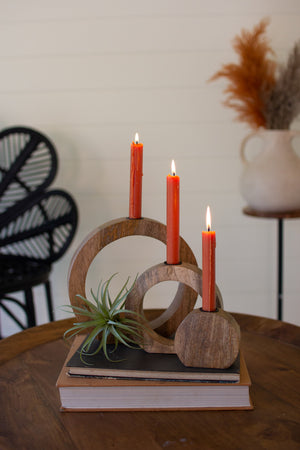 Kalalou - Set of Three Circle Mango Wood Taper Candle Stands