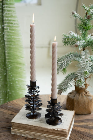 Kalalou - Antique Brown Metal Pine Cone Taper Candle Holder (Assorted)