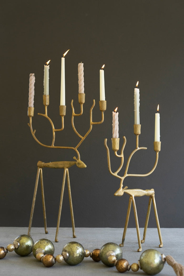 K&K Interiors - Antique Gold Forged Iron Christmas Deer Candelabras (Assorted Sizes)