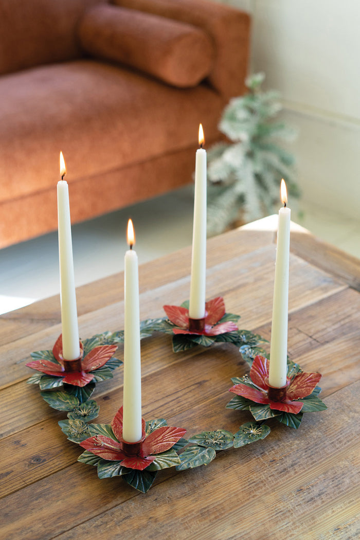 Kalalou - Painted Metal Poinsettia Table Wreath Candle Holder