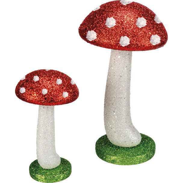 Primitives by Kathy - Set of 2 Red & White Glitter Mushroom Figurines