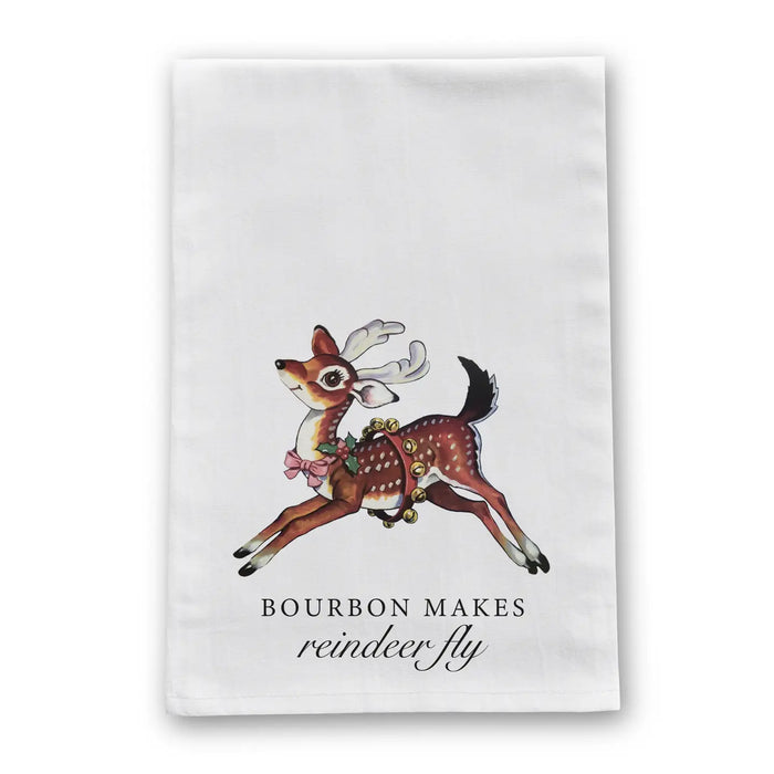 Barrel Down South - Bourbon Makes Reindeer Fly Vintage Tea Towel