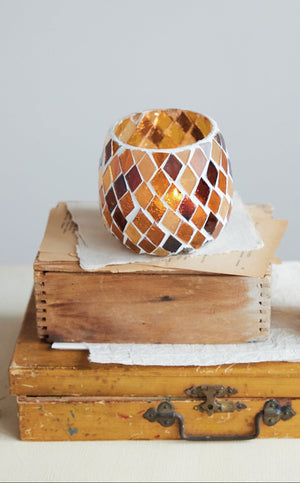 Creative Co-Op - 3.3" Amber Glass Mosaic Candle Holder w/Battery Votive Included