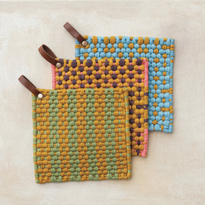 Creative Co-Op - 8" Square Cotton Crocheted PotHolder w/Leather Loop (Assorted Colors)