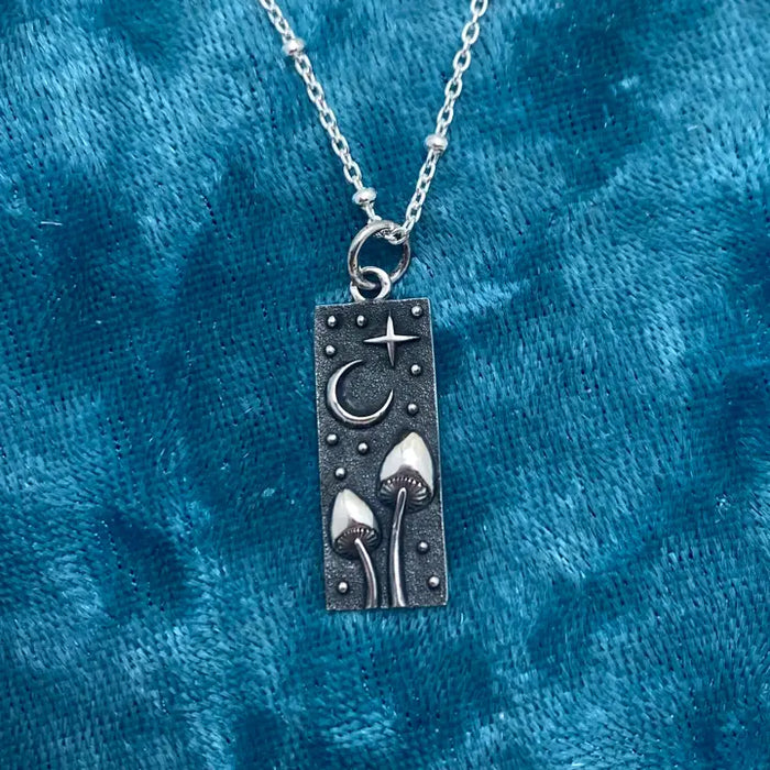 Elizabeth Jewelry - SterlingSilver Rectangle Mushrooms and Moon Necklace