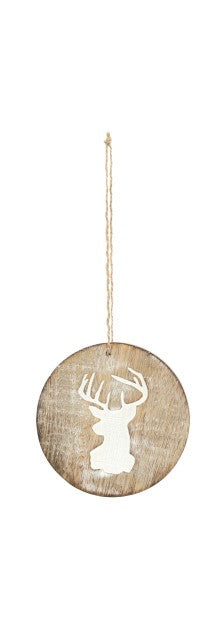 Demdaco - Round Whitewashed Wood Reindeer Ornaments