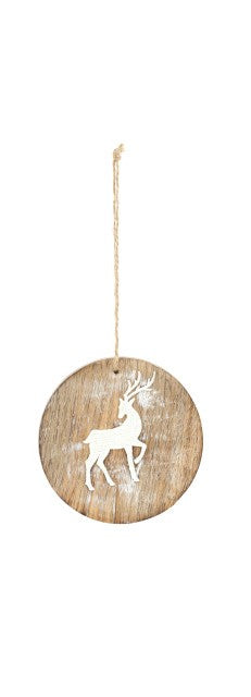 Demdaco - Round Whitewashed Wood Reindeer Ornaments