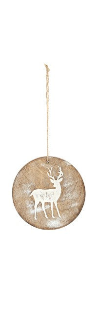 Demdaco - Round Whitewashed Wood Reindeer Ornaments