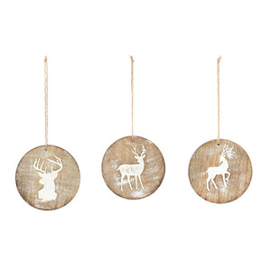 Demdaco - Round Whitewashed Wood Reindeer Ornaments