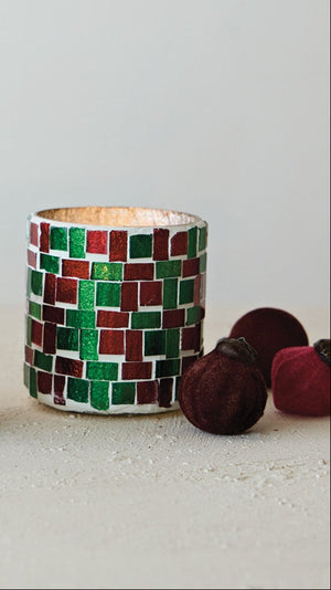 Creative Co-Op - 3" Recycled Red, Green & White Glass Mosaic Candle Holder w/Battery Votive Included