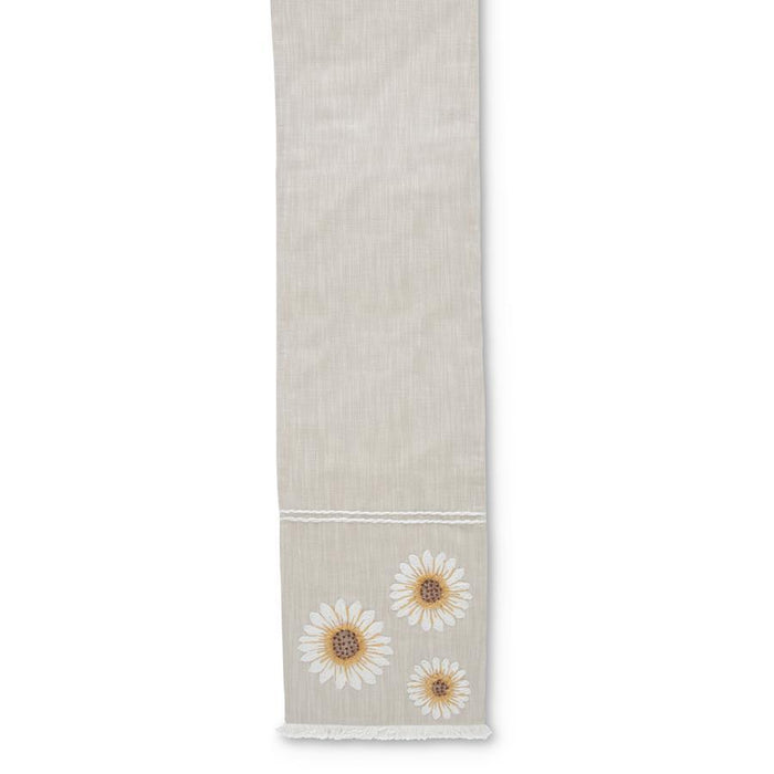 K&K Interiors - 72 inch Tan linen Table Runner w/ Embroidered Sunflowers